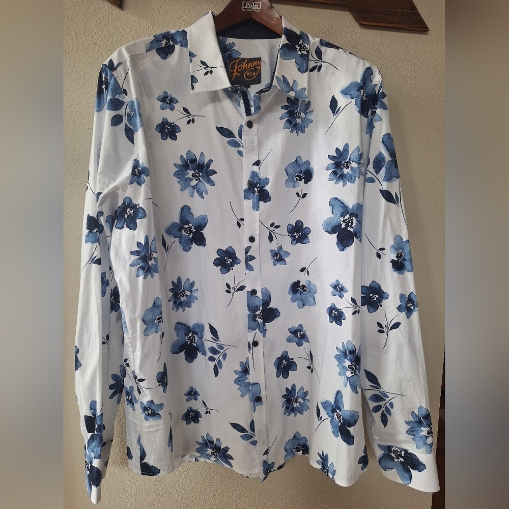 Johnny Bigg Camden Floral Print Button-down Shirt Collared White Blue Mens 2XL